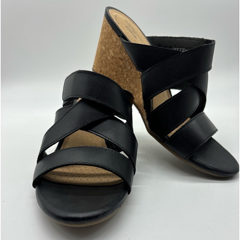 Clarks Margee Kate Black  Leather Strappy Slip On Slide Wedge Sandals 7.5M New